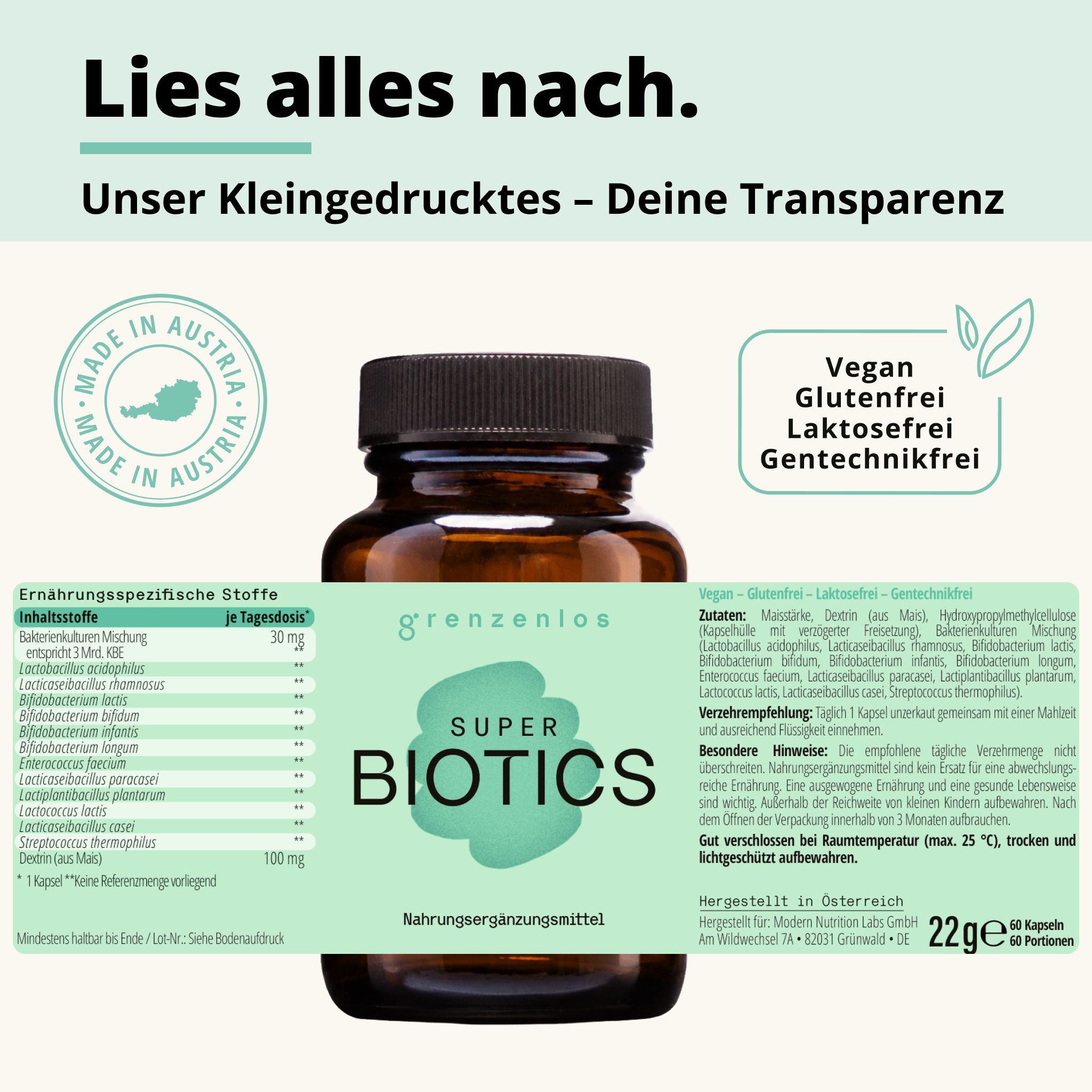 Braune Glasflasche mit grenzenlos SUPER BIOTICS Etikett. Enthält Nährwertangaben und Siegel 'Made in Austria'.