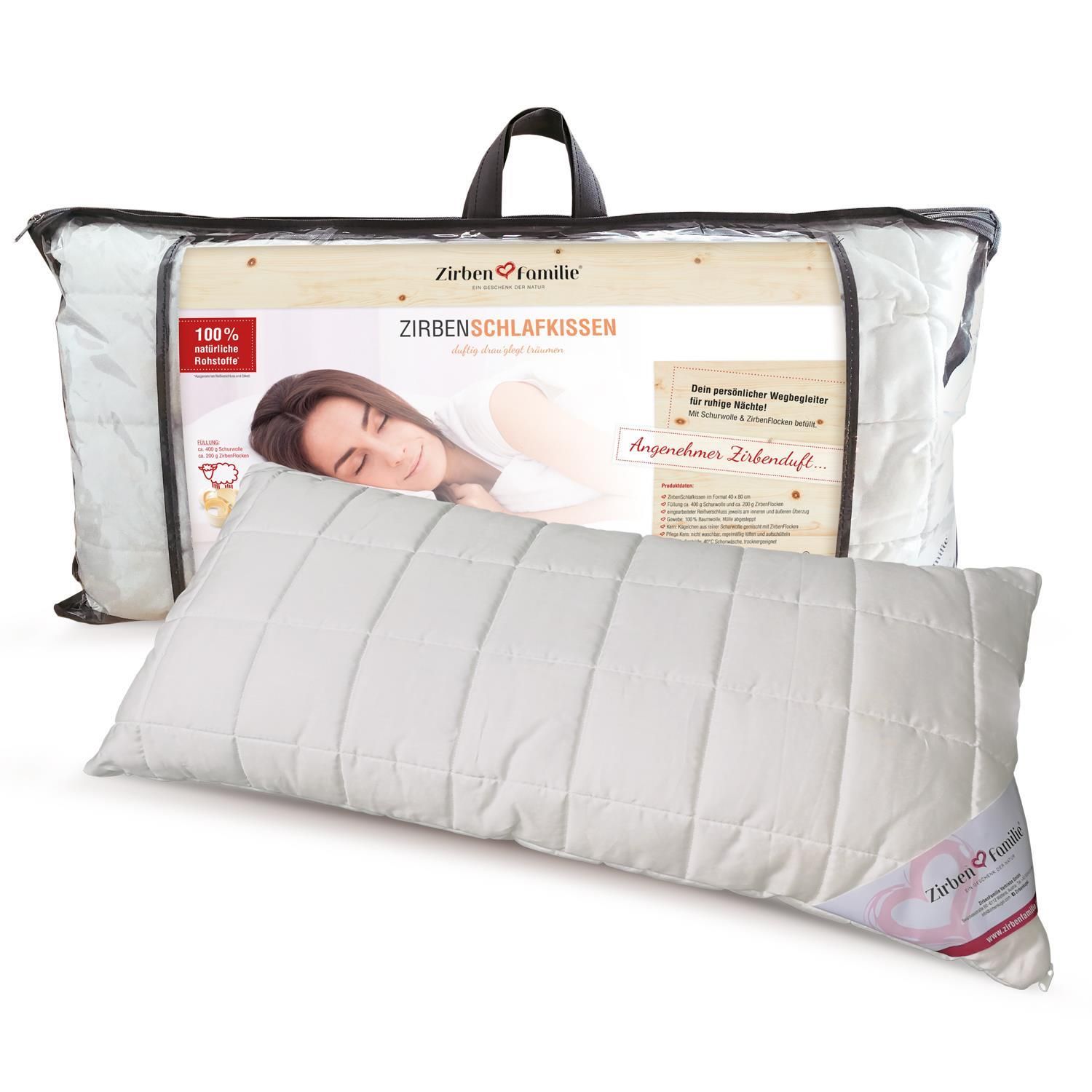 Kissen und Verpackung in transparenter Tragetasche. Aufdruck mit Produktname und Frau, die schläft. Label.