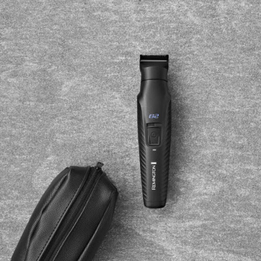 Schwarzer Trimmer und schwarze Tasche auf grauem Hintergrund. Trimmer mit G2-Logo und Remington-Logo.