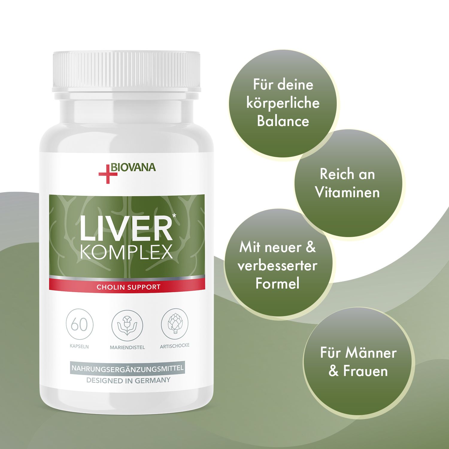 Weißes Pillenfläschchen mit grünem Etikett. Aufschrift: LIVER KOMPLEX, Cholin Support. Enthält 60 Kapseln. Marke: Biovana. Zusätzliche Textfelder.