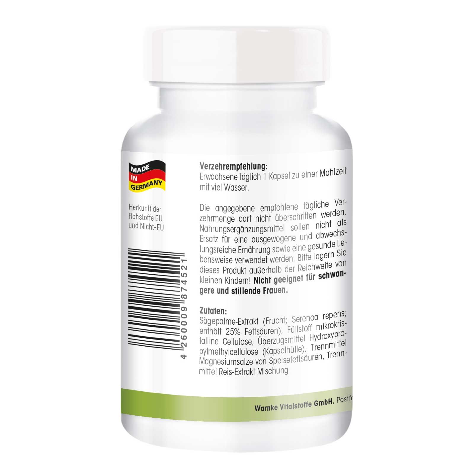 Rückseite einer weißen Pillenflasche. Text: Verzehrempfehlung, Zutaten, Warnke Vitalstoffe GmbH. Hergestellt in Deutschland. Made in Germany.