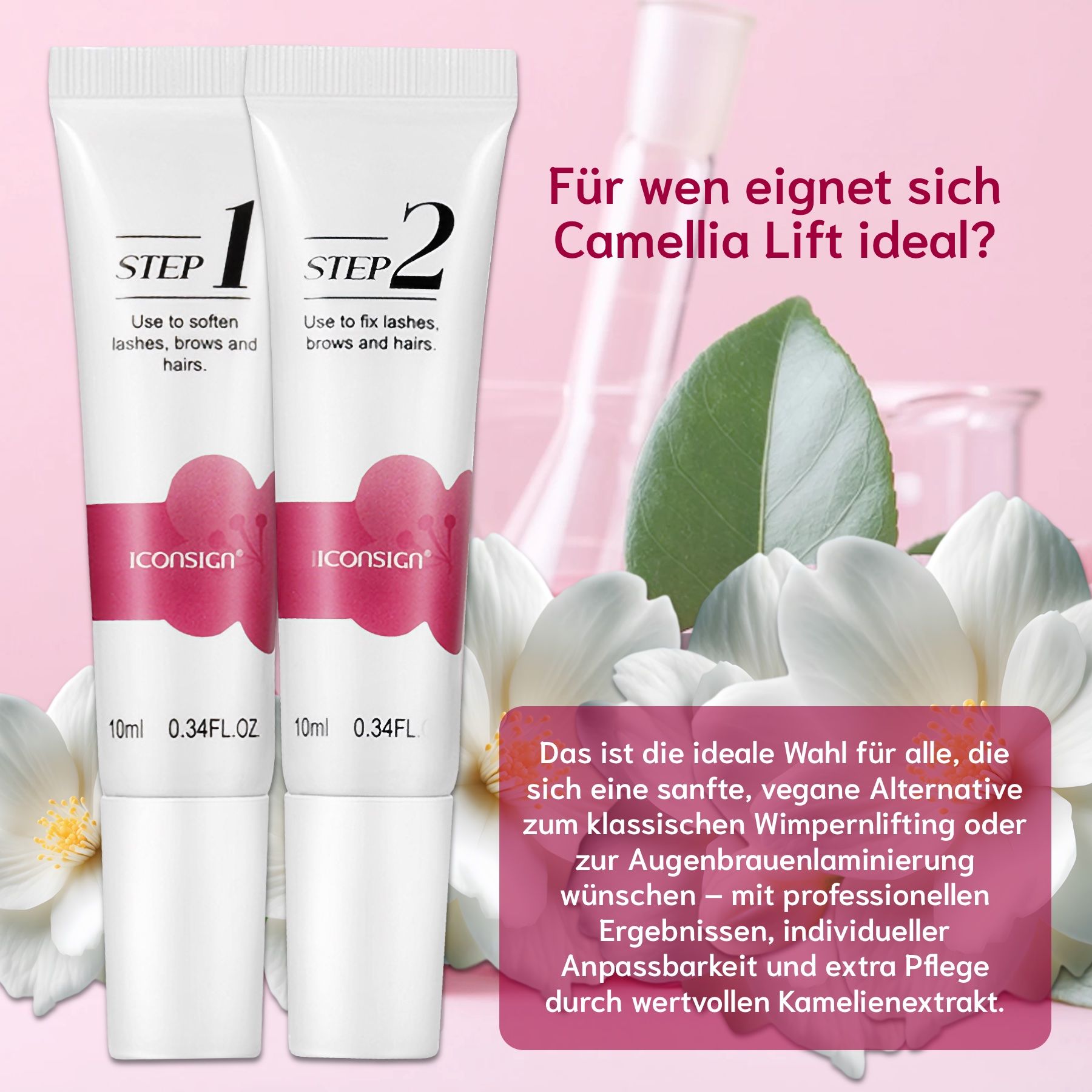 Zwei Tuben mit Creme, 'STEP 1' und 'STEP 2'. Weiße Tuben mit rosa Akzenten. 10ml, 0.34FL.OZ.
