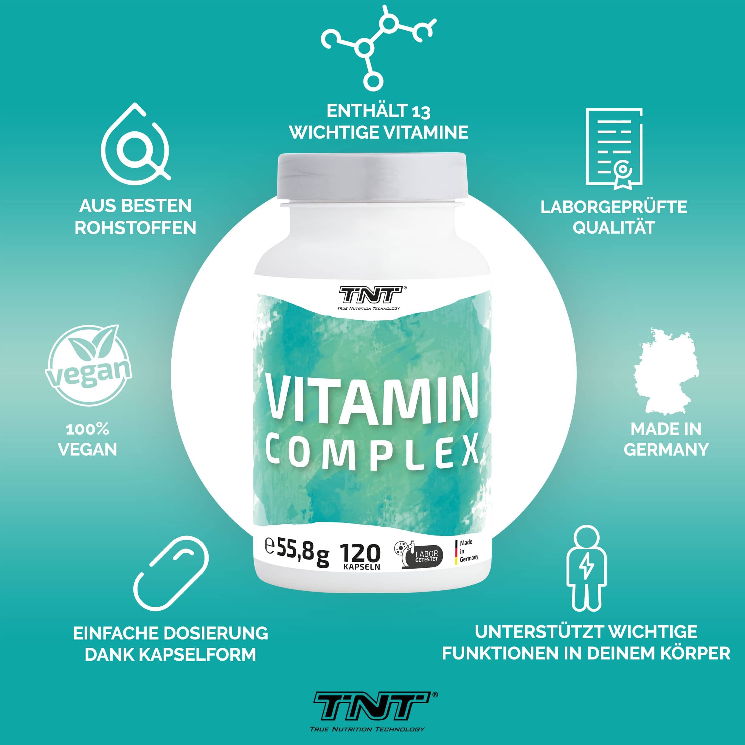Flasche Vitamin Complex, umgeben von Icons. Enthält 13 Vitamine, aus besten Rohstoffen, vegan, einfache Dosierung, laborgeprüfte Qualität, Made in Germany.