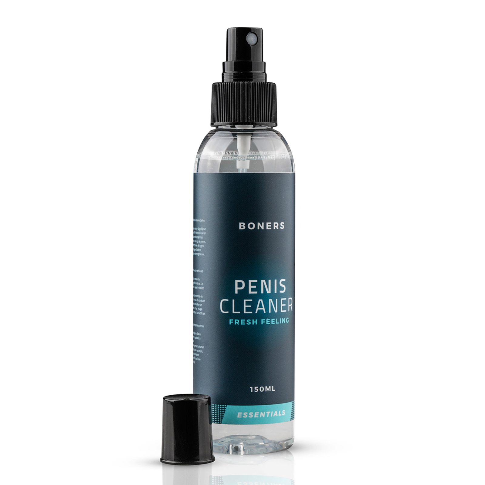 Transparente Flasche mit schwarzem Sprühkopf und separater Kappe. Aufschrift: BONERS, PENIS CLEANER, FRESH FEELING, 150ml, ESSENTIALS.