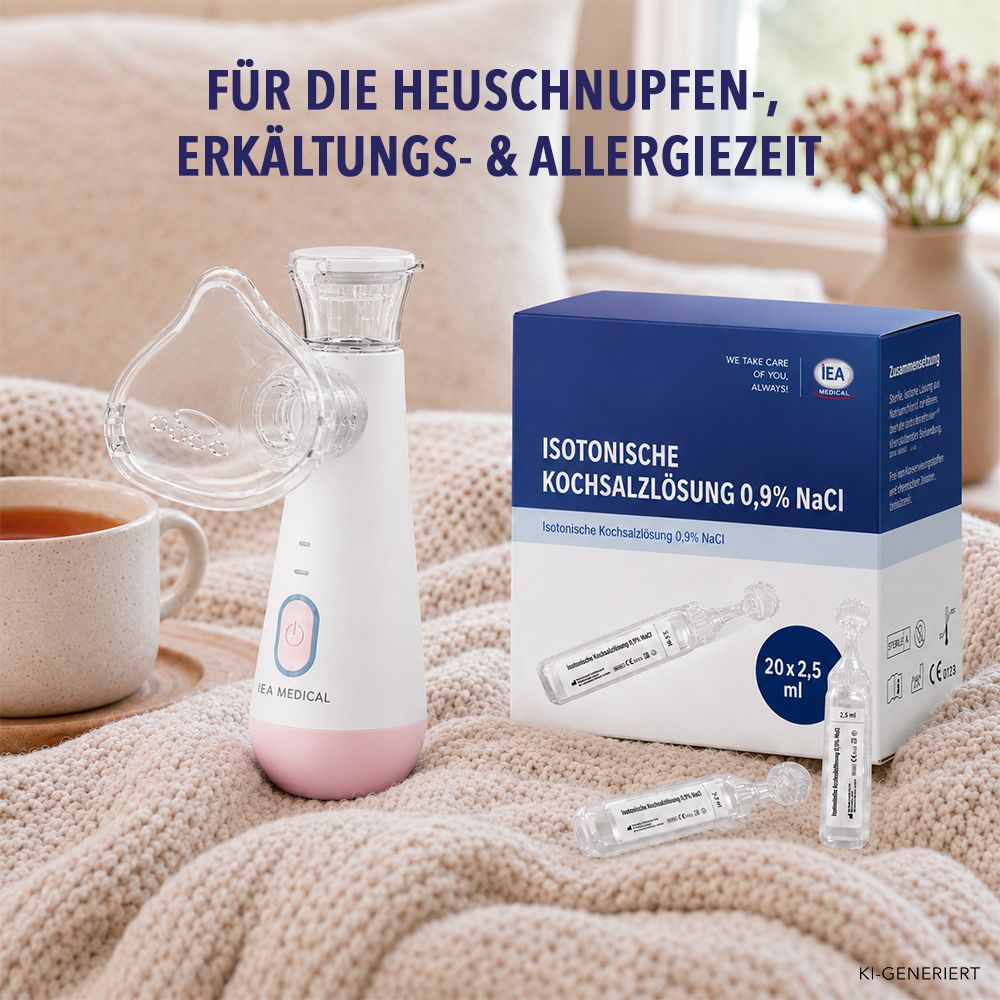 IEA Medical Kochsalzlösung mit Inhalator, Tasse und Karton. Für Heuschnupfen, Erkältung und Allergiezeit.