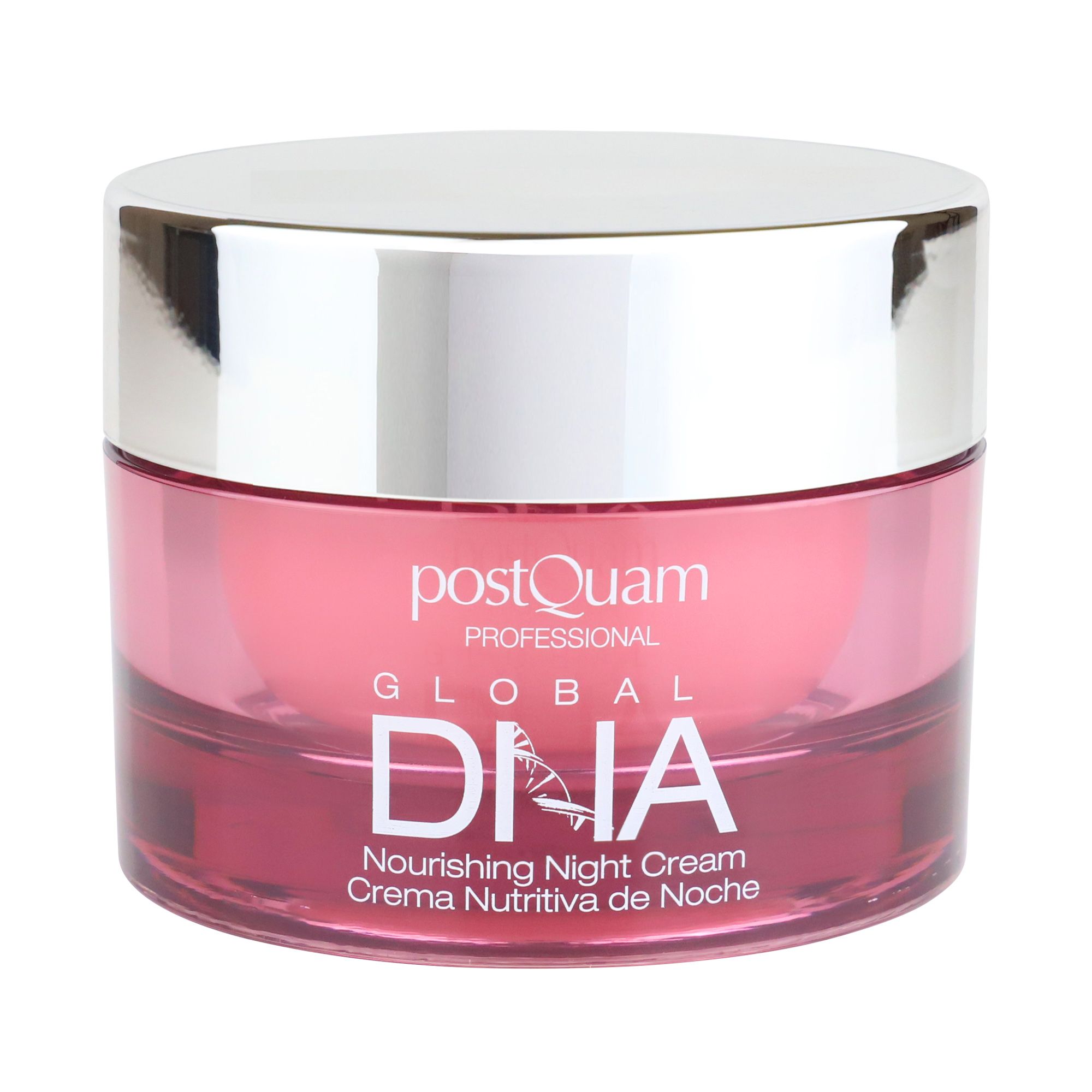 Runder Tiegel mit silbernem Deckel. Aufschrift: Postquam Professional DNA Nourishing Night Cream. Rosa Creme im Glas.