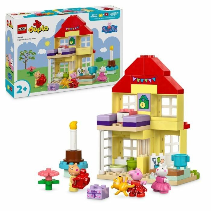 LEGO Duplo Peppa Pig Geburtstagshaus. Gelbes Haus mit rotem Dach, Figuren, Zubehör. Verpackung mit Logo und Altersempfehlung.