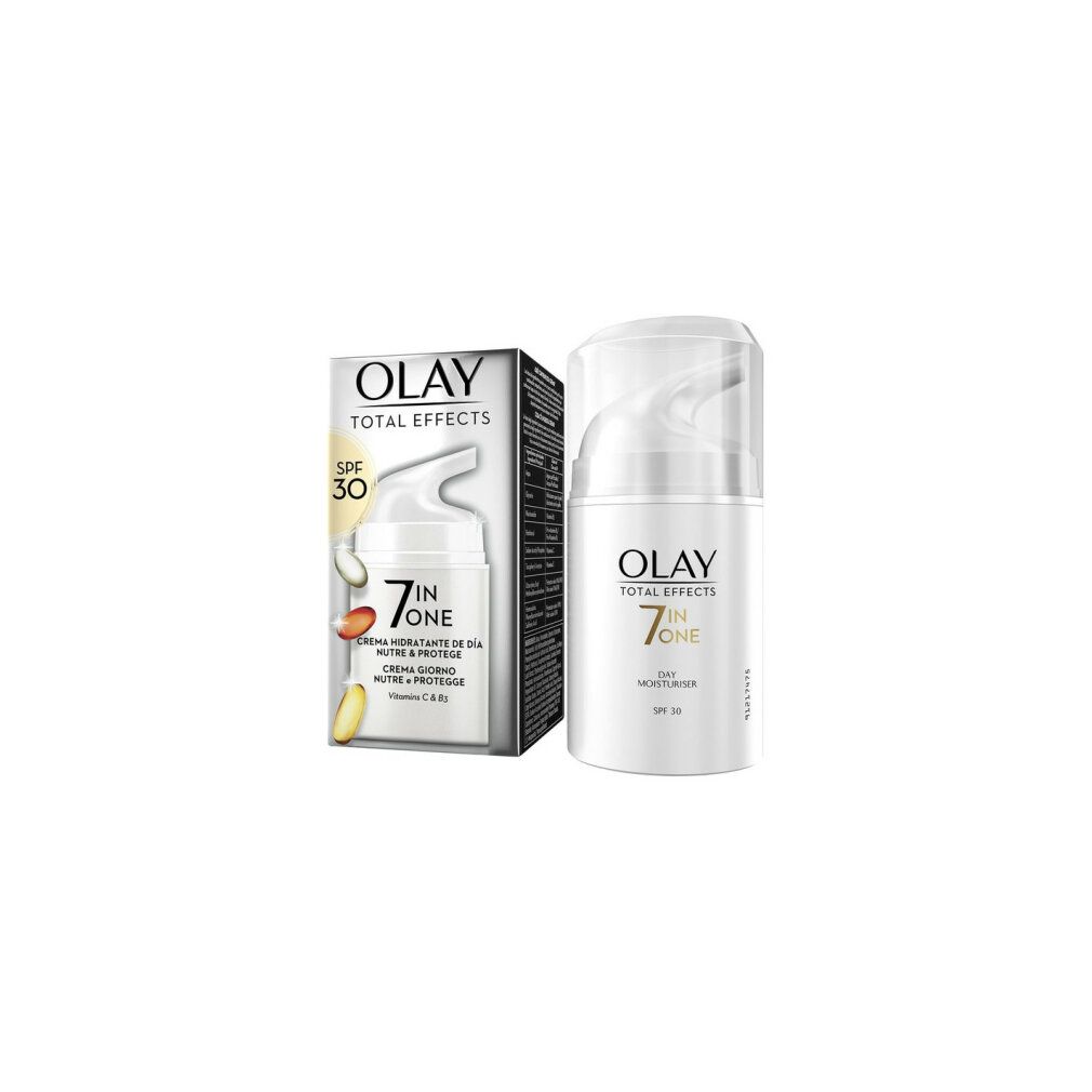 Olay Total Effects 7 in One Tagescreme. Creme-Spender und Verpackung. Produktname und SPF 30 deutlich sichtbar.