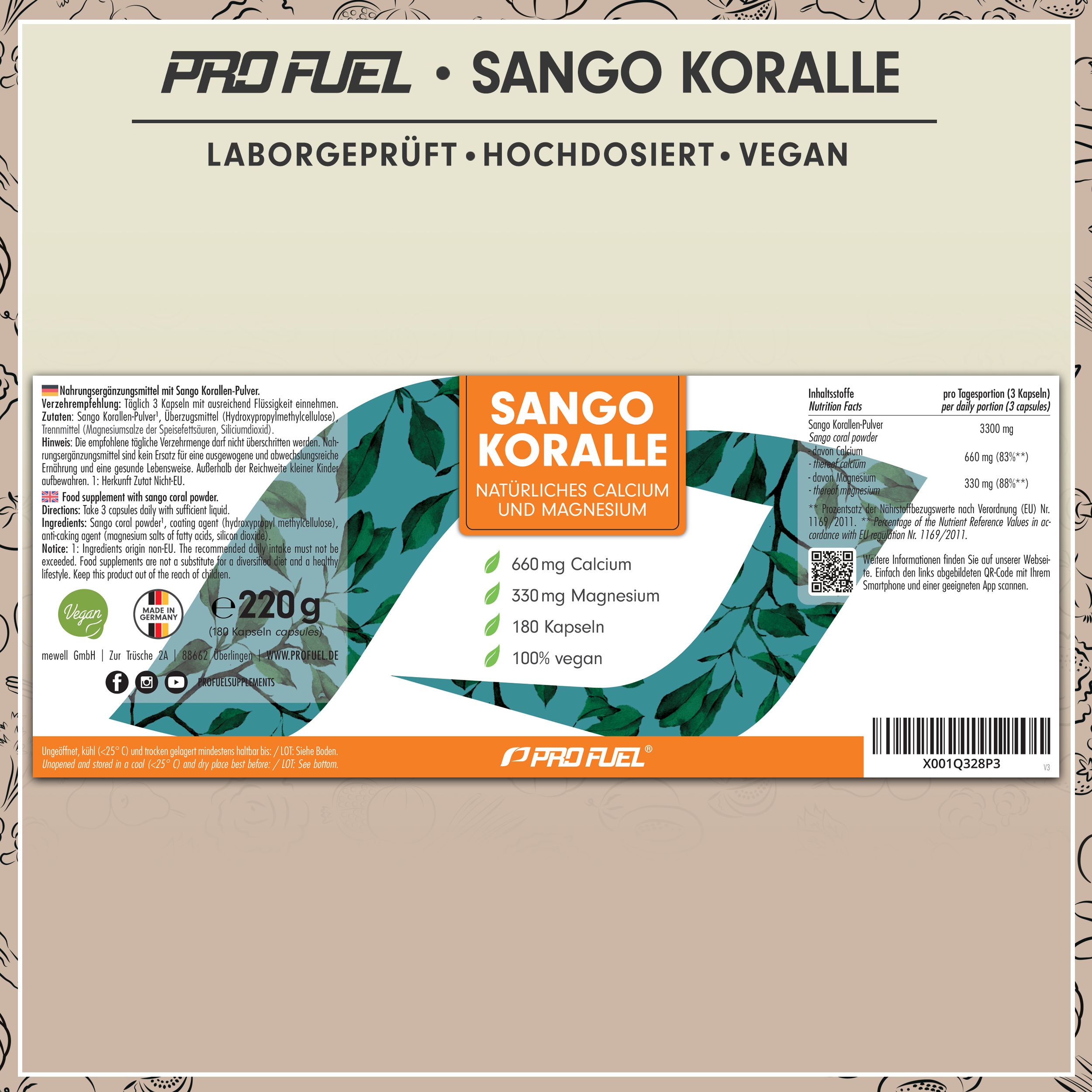 Verpackung von Sango Koralle Kapseln. Aufschrift: 660mg Calcium, 330mg Magnesium, 180 Kapseln, 100% vegan.