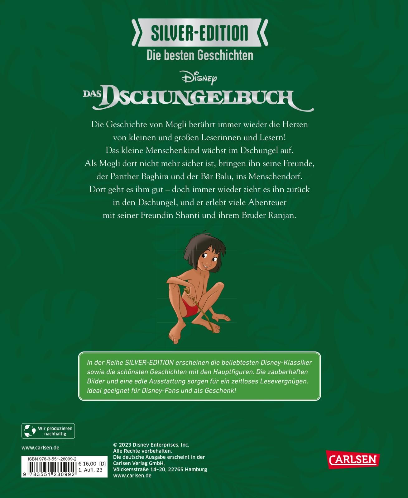 Rückseite des Buches "Das Dschungelbuch". Text und Illustration von Mogli. Logo "Silver-Edition". Verlag Carlsen.