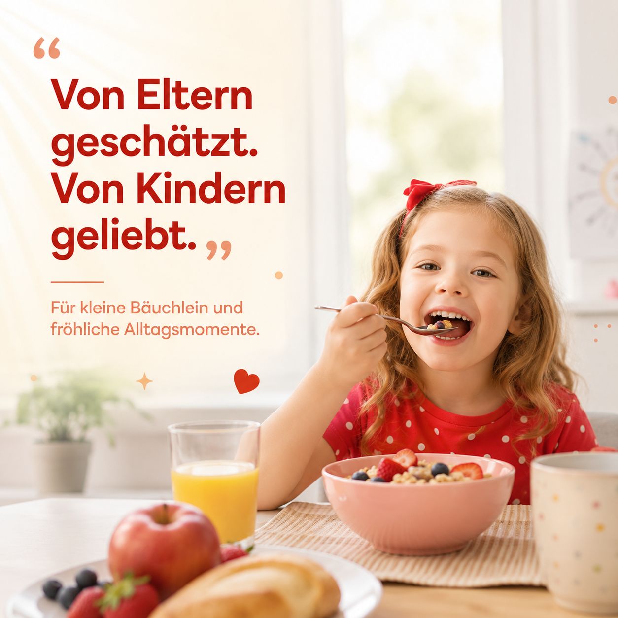 Kind isst Frühstück. Gummily: 'Von Eltern geschätzt. Von Kindern geliebt.' Für kleine Bäuchlein.