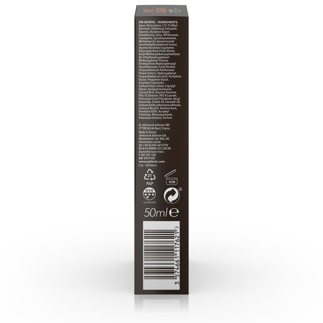 Rückseite der Schachtel. Enthält Inhaltsstoffe, Herstellerinformationen, Recycling-Symbole und Barcode. 50ml.