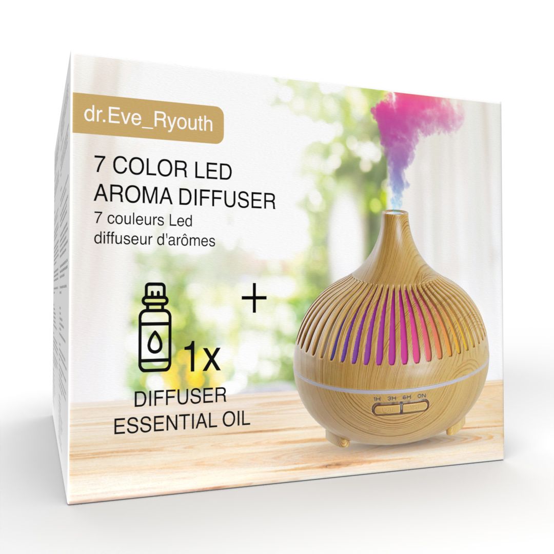 Verpackung eines 7-farbigen LED-Aromadiffusors mit ätherischem Öl.