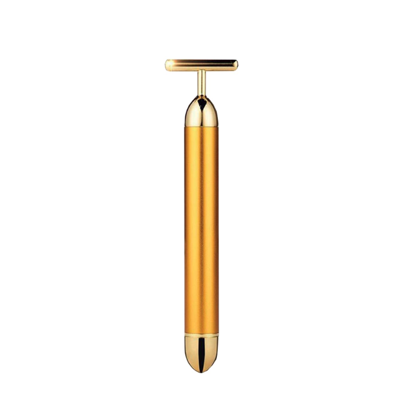 Goldfarbener Gesichtsmassager T-Bar. Zylindrischer Griff, T-förmiger Kopf, goldfarbenes Finish.