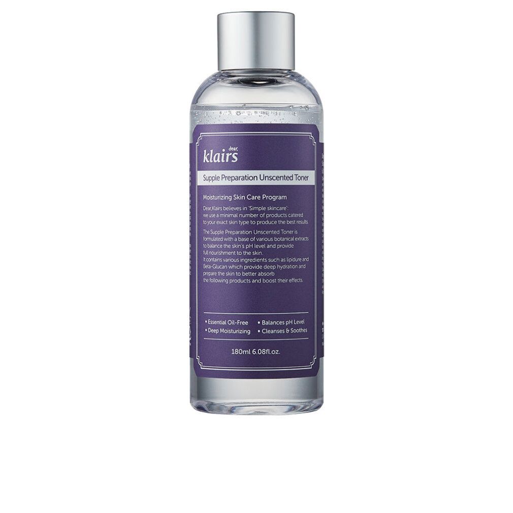 Klare Flasche mit silbernem Deckel und violettem Etikett. Text: Dear Klairs Supple Preparation Unscented Toner. 180 ml.