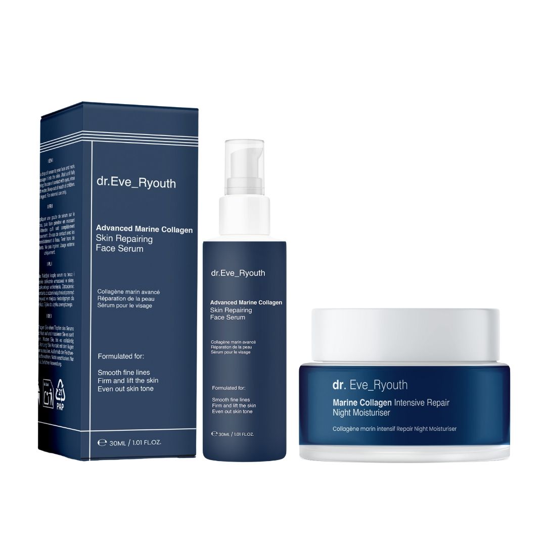 Drei Produkte: Serum, Nachtcreme und Schachtel. Blaue Verpackung mit weißer Schrift. "dr.Eve_Ryouth" und "Marine Collagen" sind sichtbar.