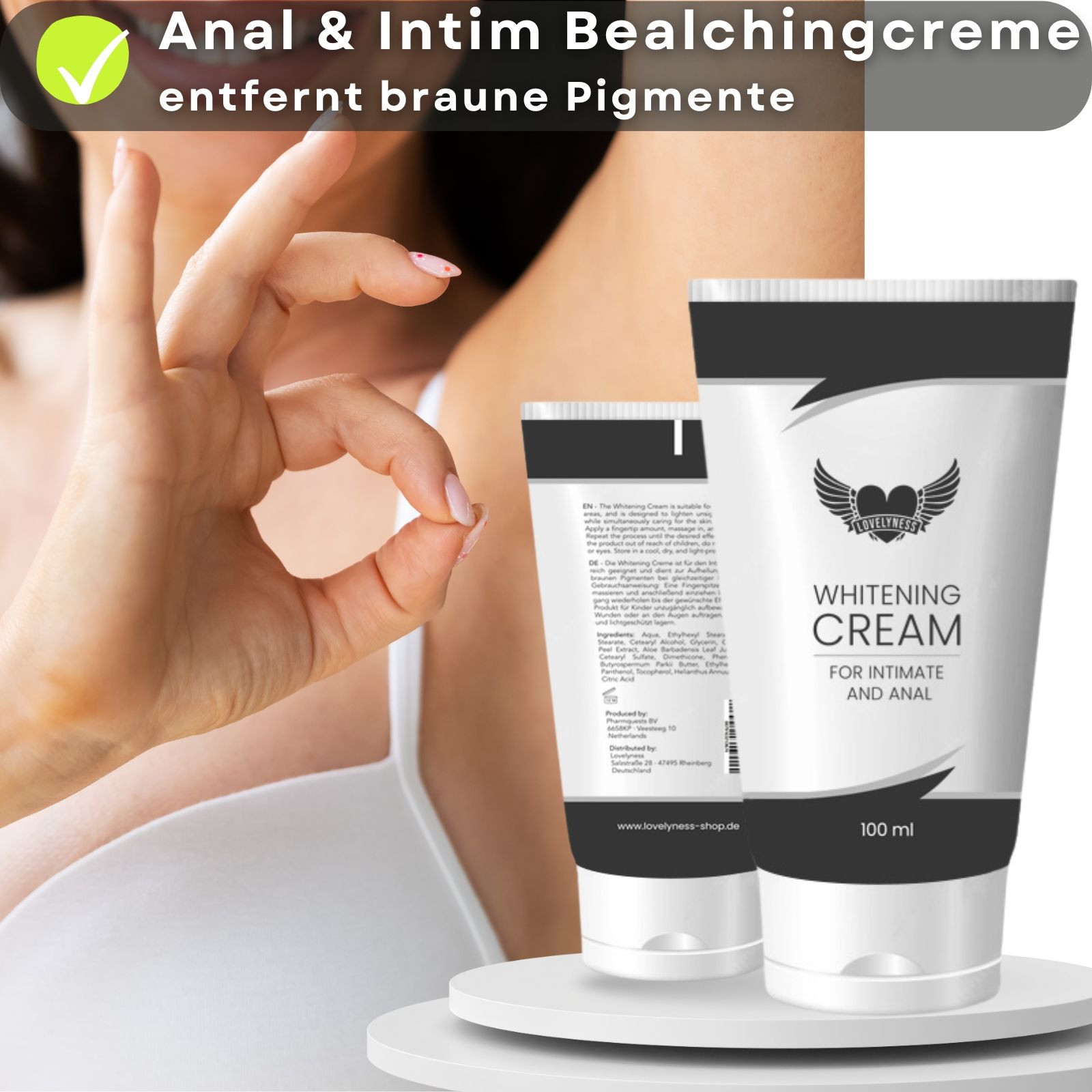 Produkt-Tube. Text: Whitening Cream, für Intim- und Analbereich. 100 ml. Zwei Tuben. Hintergrund: Frau. Text: Anal & Intim Bleachingcreme.