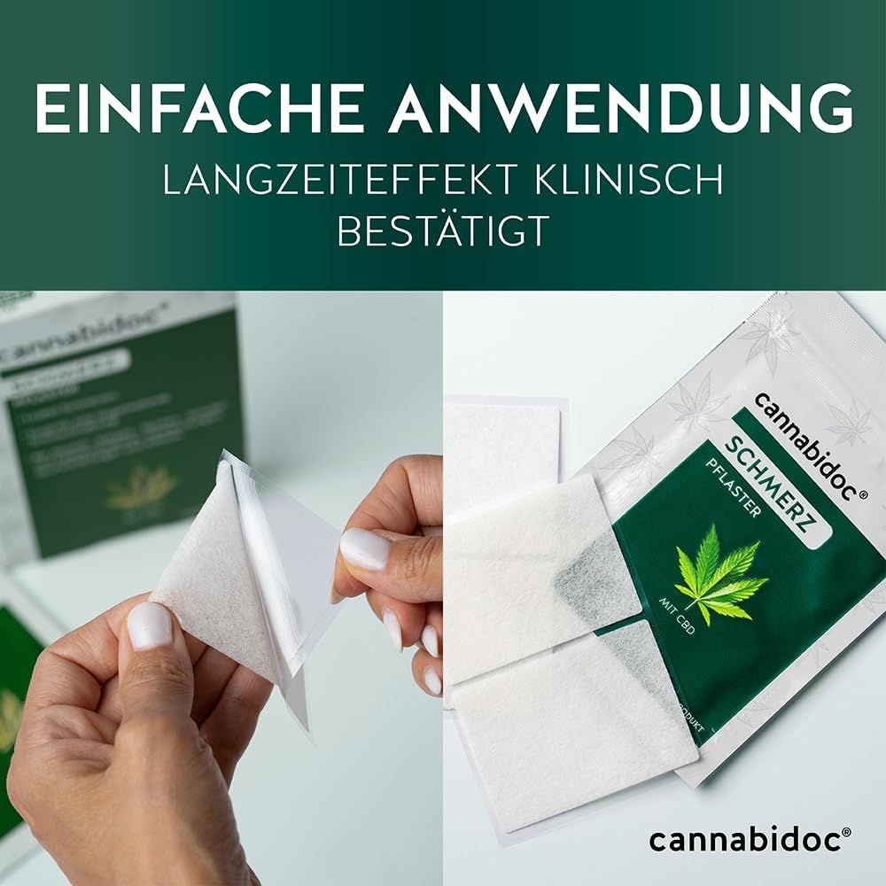 Hände entfernen Pflaster von Trägerfolie. Text: Einfache Anwendung, Langzeiteffekt klinisch bestätigt. Schmerzpflaster.