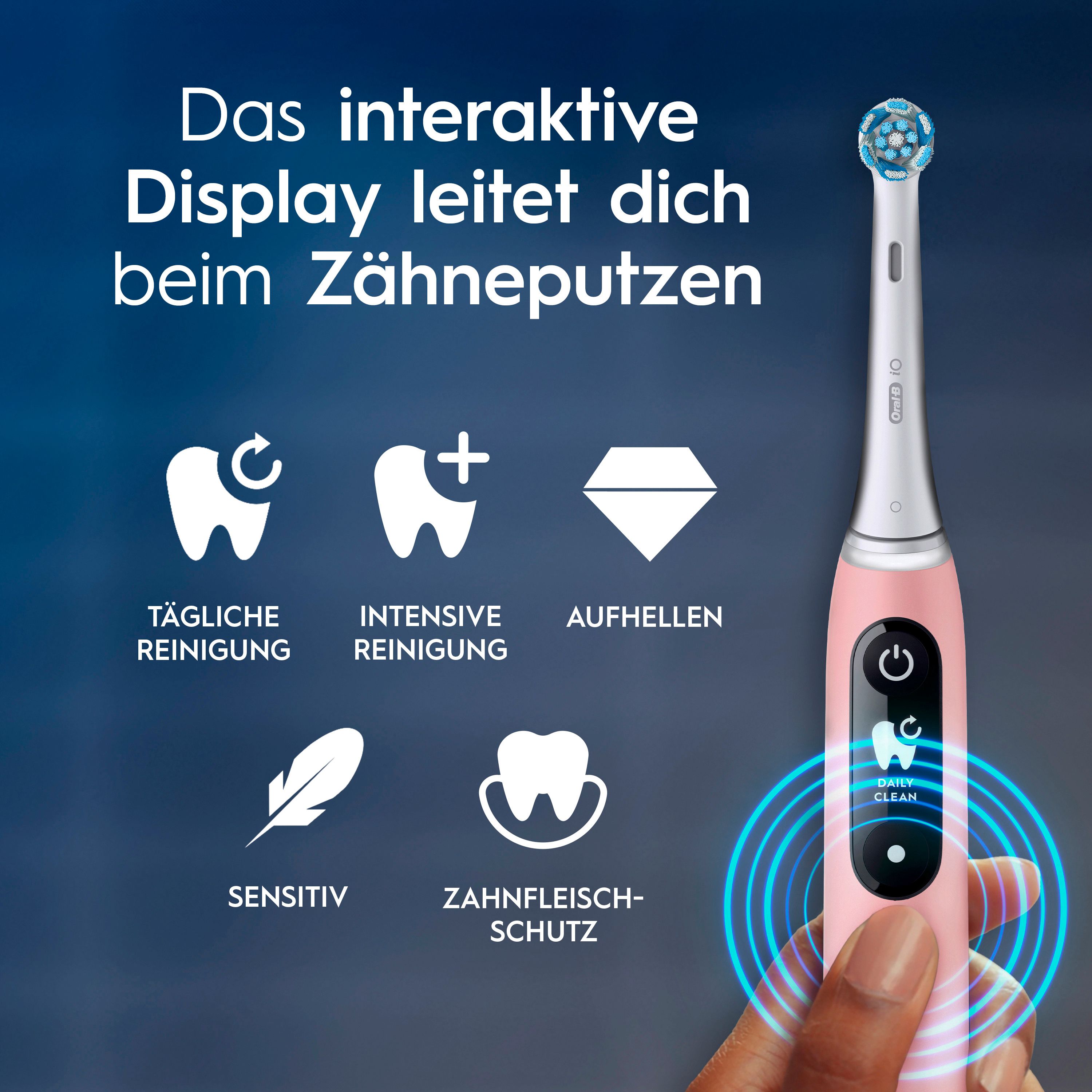 Rosa elektrische Zahnbürste mit Display. Symbole für tägliche Reinigung, intensive Reinigung, Aufhellen, Sensitiv und Zahnfleischschutz.