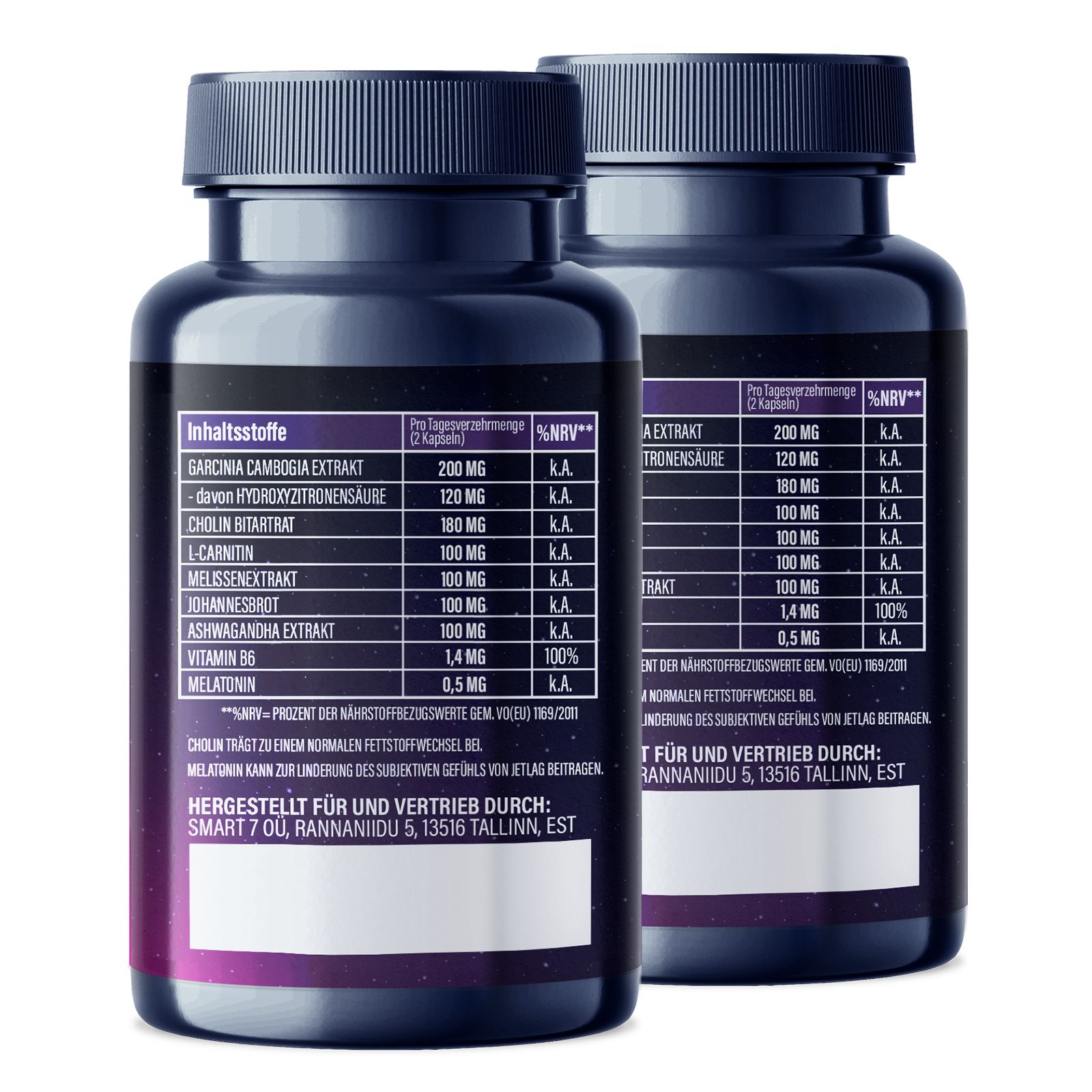 Zwei Flaschen mit Inhaltsstoffangaben. Text: Garcinia Cambogia, Cholin, L-Carnitin, Melatonin. Dunkelblaue Flaschen mit weißer Schrift.