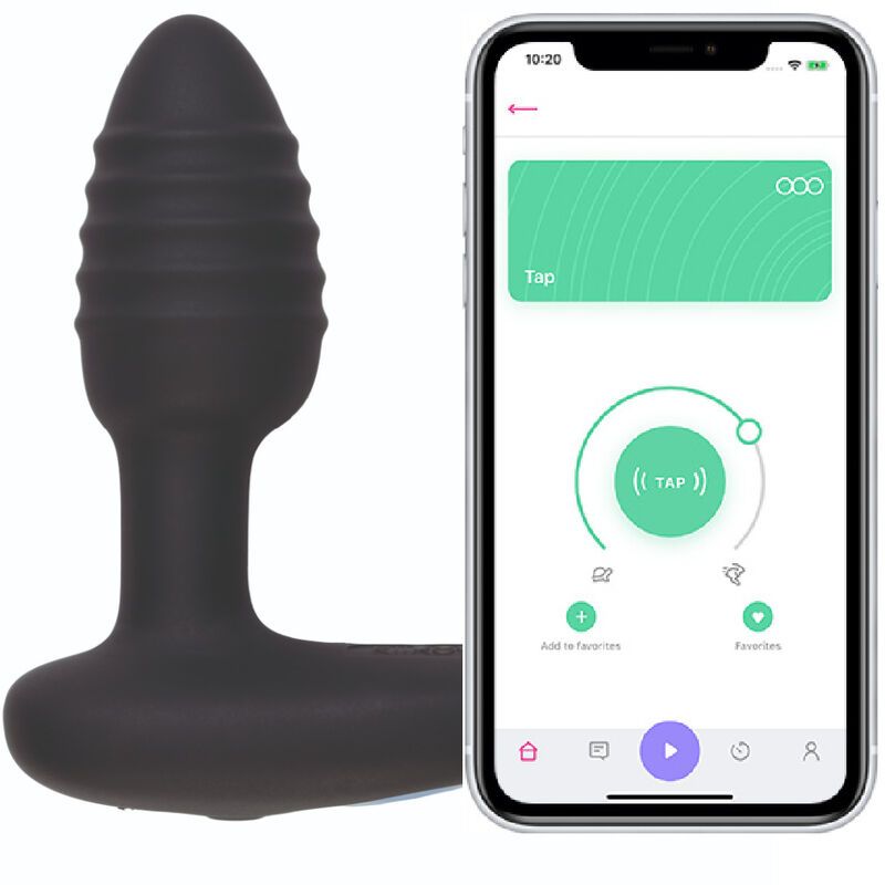 Schwarzer Vibrationsplug mit gerippter Spitze, daneben ein Smartphone mit Vibrationssteuerungs-App.