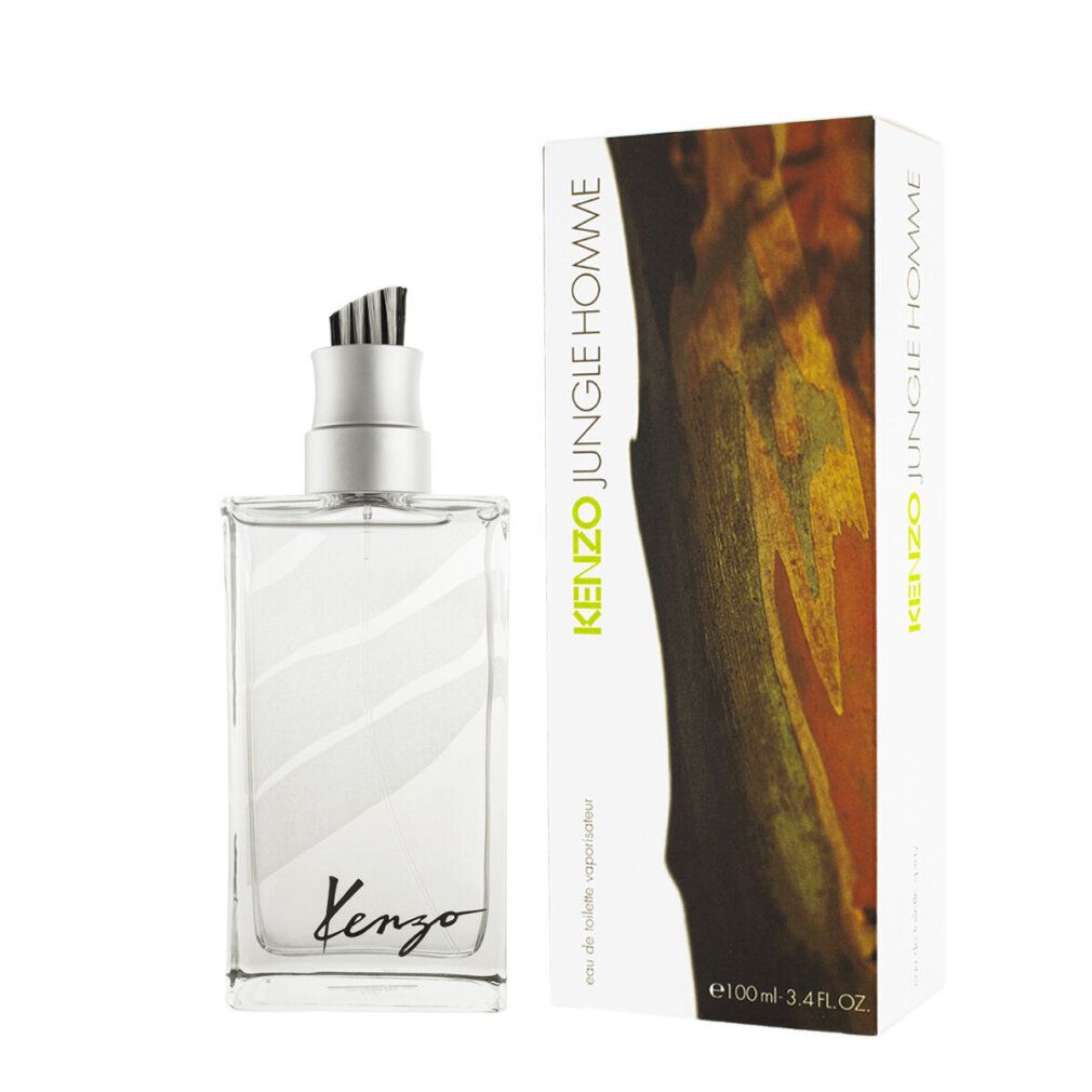 Kenzo Jungle Homme Eau de Toilette Flakon und Verpackung. Flasche und Box nebeneinander. Logo und Produktname sichtbar.