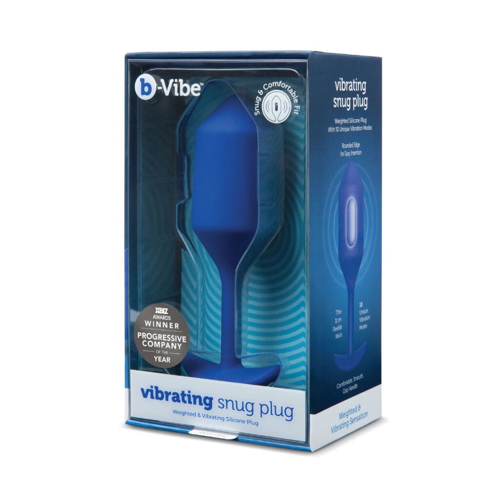 Produktverpackung mit blauem Analplug. Auf der Verpackung steht 'b-Vibe' und 'vibrating snug plug'.