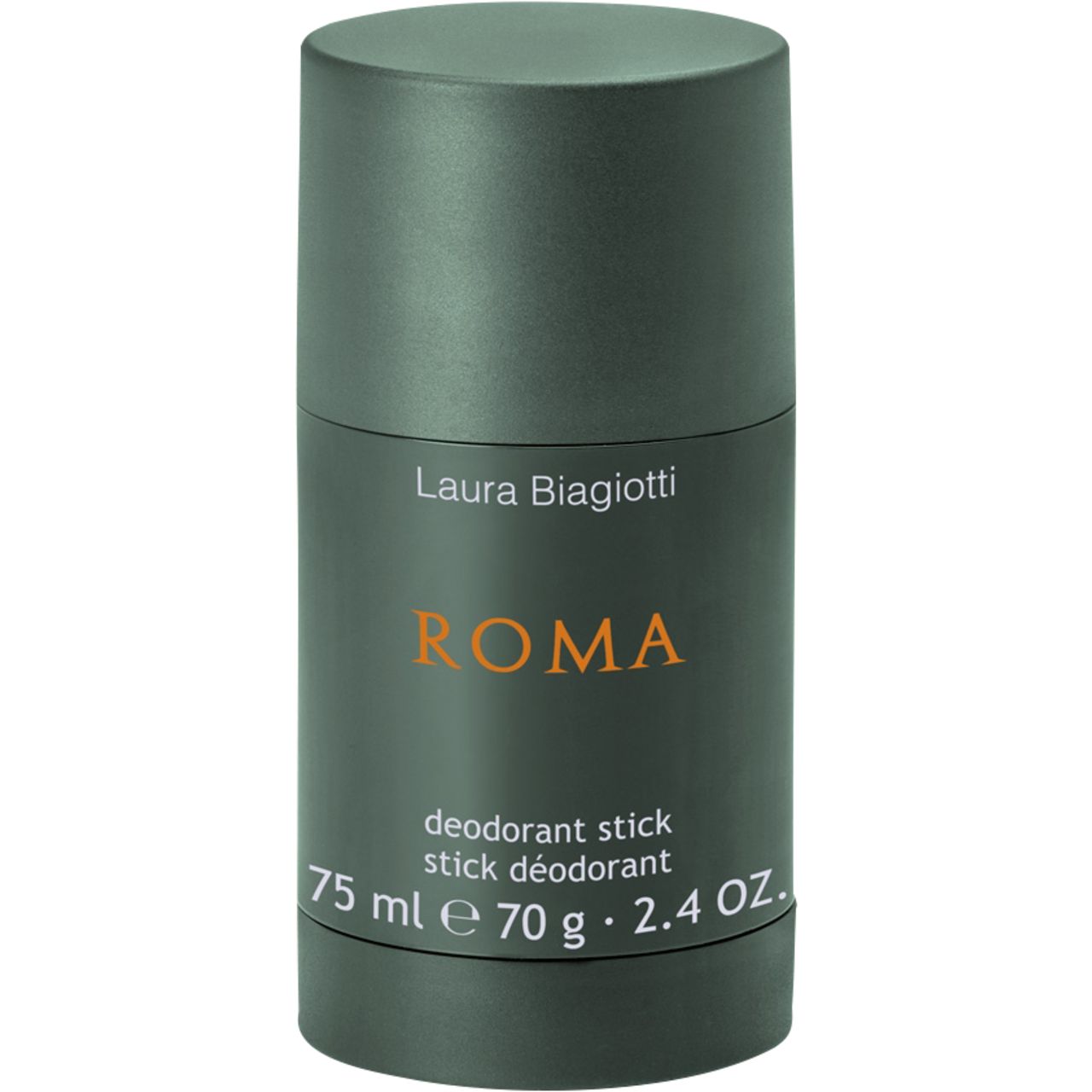 Deo-Stick Laura Biagiotti Roma Uomo. Grauer Behälter mit orangefarbenem Schriftzug Roma Uomo. 75 ml.