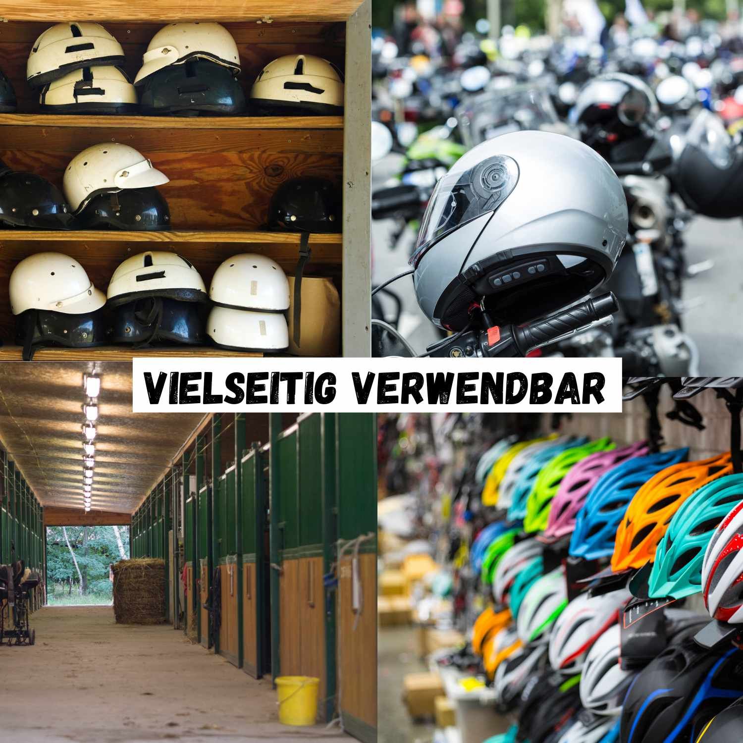 Collage mit Helmen in verschiedenen Umgebungen. Text: "VIELSEITIG VERWENDBAR".