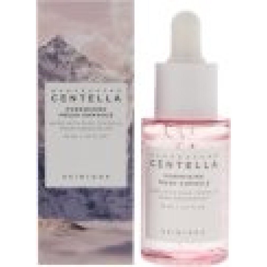 Centella Serum Flasche mit Pipette und Umverpackung. Rosa Flüssigkeit.