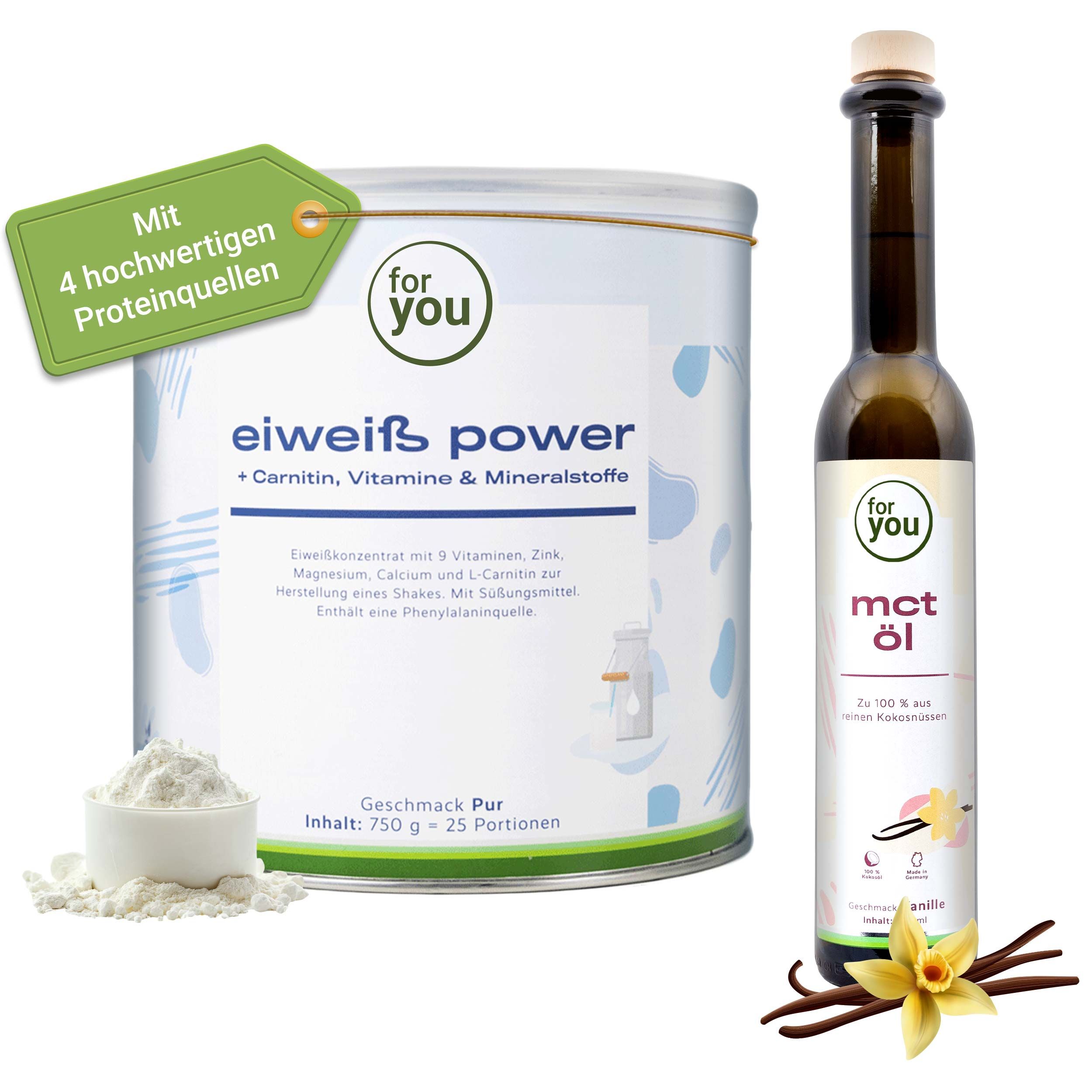 Dose, Pulver, Flasche MCT Öl. Text: für you Eiweiß Power, 4 Proteinquellen, MCT Öl Vanille, 100% aus Kokosnuss.