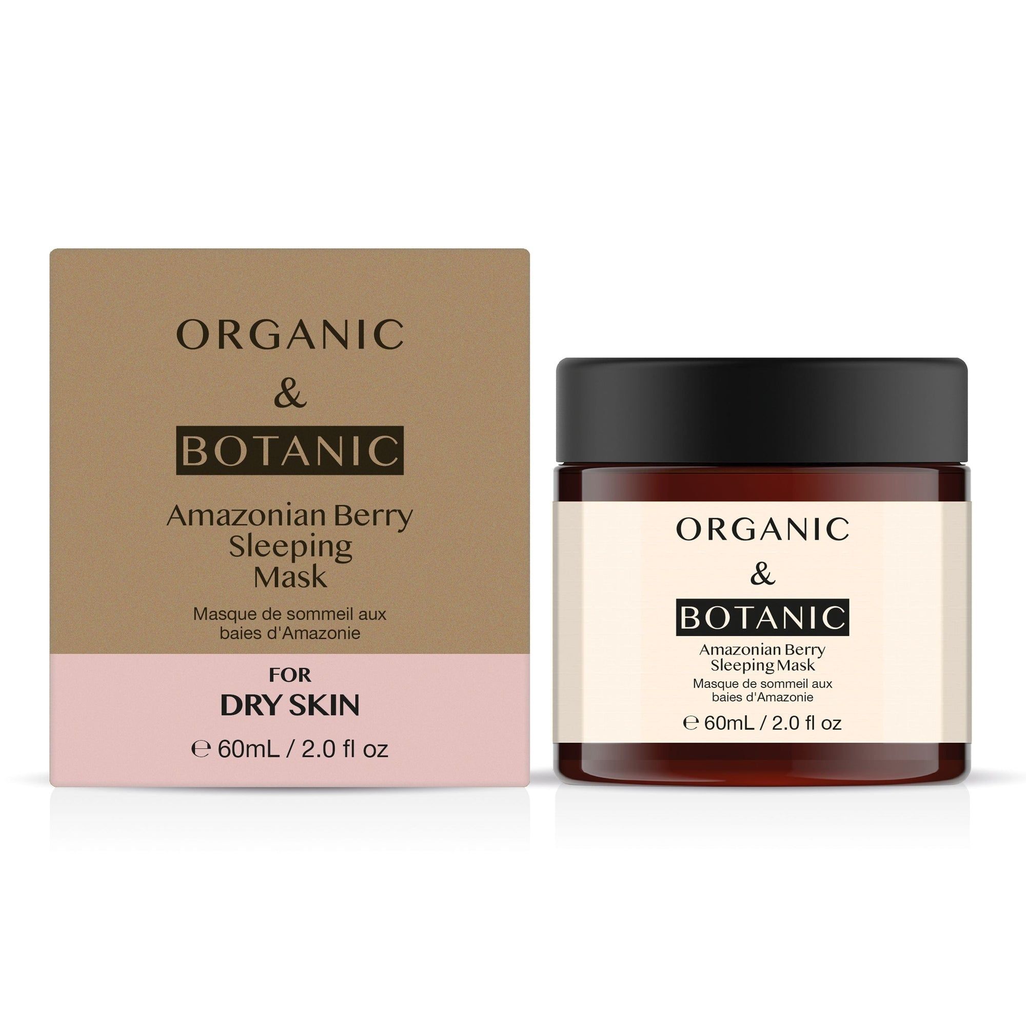 Produktverpackung und Dose. Aufschrift: Organic & Botanic Amazonian Berry Sleeping Mask. Für trockene Haut. Fassungsvermögen: 60ml/2.0 fl oz.