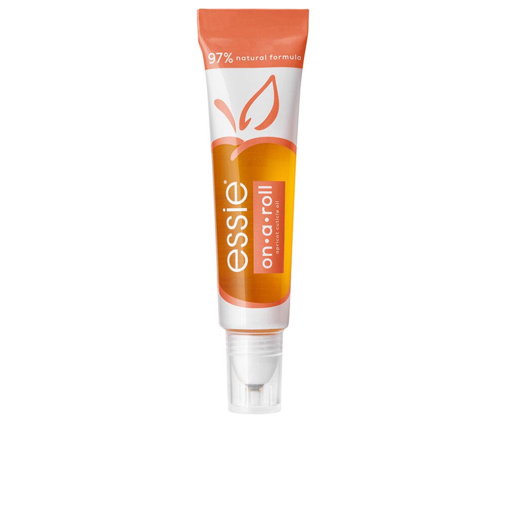 Tube mit Roll-on-Applikator. Orangefarbener Inhalt, weißer Hintergrund. Aufschrift: Essie on-a-roll apricot cuticle gel, 97% natural formula.