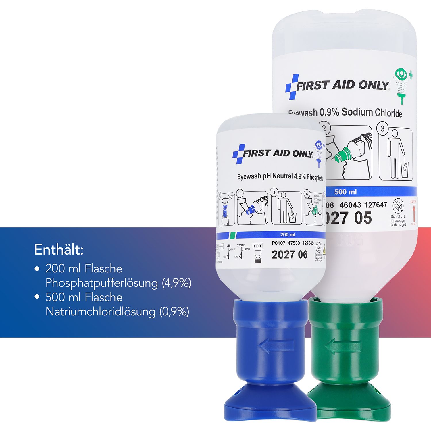 Zwei Augenspülflaschen von First Aid Only. Eine 200 ml, eine 500 ml. Beide mit grünen und blauen Applikatoren.