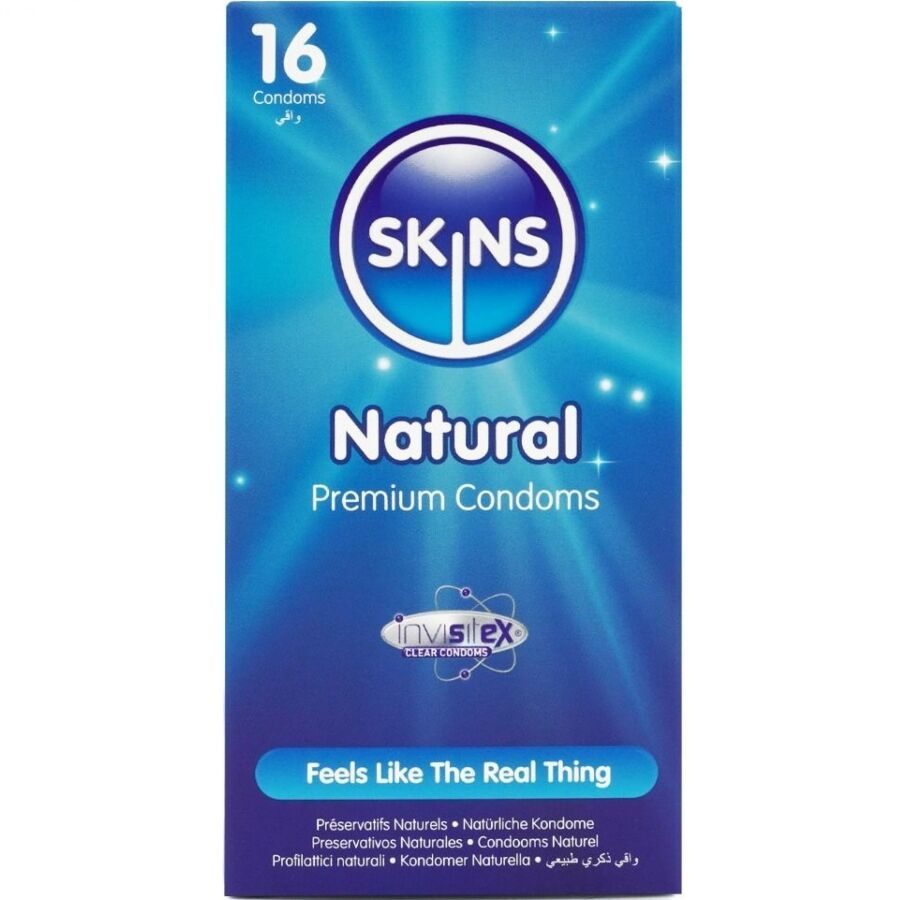 Verpackung mit 16 Kondomen. Marke: Skins Natural. Blaue Schachtel mit Produktbezeichnung und Logos. Text in mehreren Sprachen.