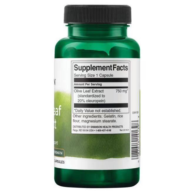 Rückseite einer grünen Flasche. Aufschrift: Supplement Facts. Enthält Olivenblattextrakt 750 mg.