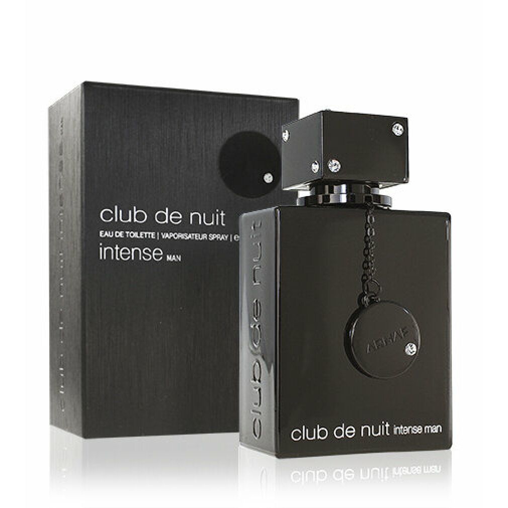 Schwarzer Flakon und Karton. Aufschrift: Club de Nuit Intense Man. Flakon mit quadratischem Deckel.