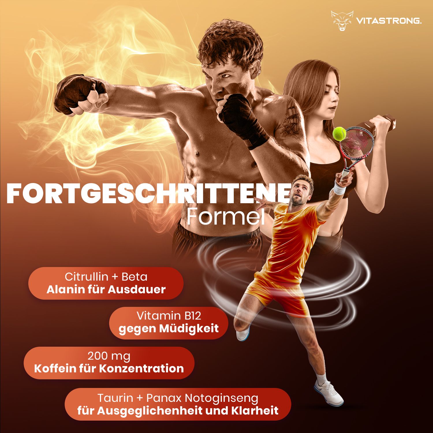 Werbebild mit Sportlern. Text: Fortschrittliche Formel. Inhaltsstoffe: Citrullin, Beta Alanin, Vitamin B12, Koffein, Taurin.