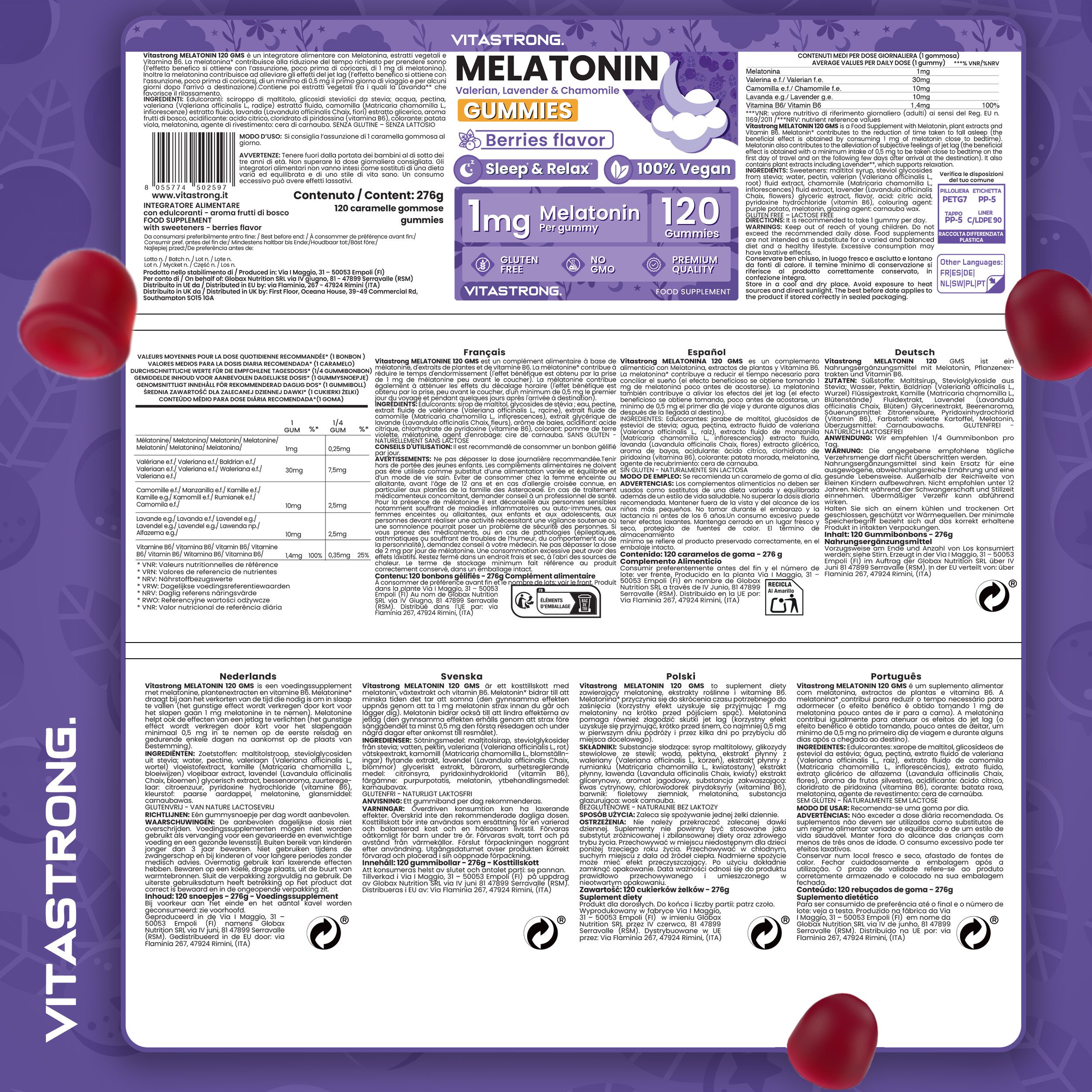 Vitastrong Melatonin Gummies. Verpackung mit Produktinformationen in verschiedenen Sprachen. Gummibärchen.