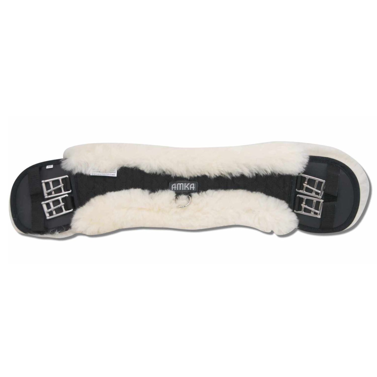 Kurzgurt mit Lammfell. Schwarzes Mittelteil, silberne Schnallen und D-Ring. AMKA Logo.