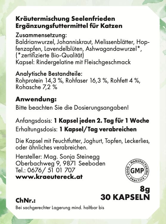 Rückseite der Verpackung mit Text. Enthält Informationen zu Inhaltsstoffen, Dosierung und Hersteller. GMP-Siegel.
