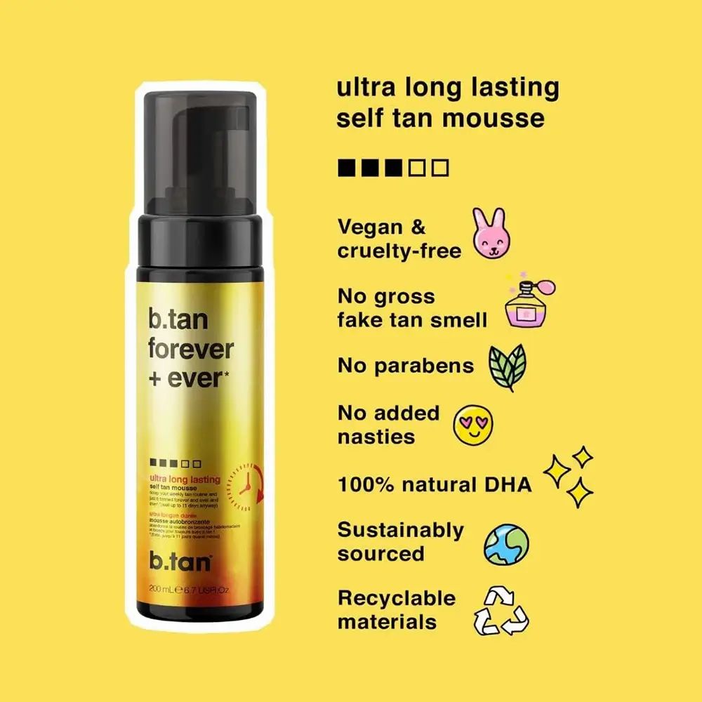 Selbstbräunungsmousse-Flasche. Schwarz-goldene Verpackung. Text: b.tan forever + ever. Vegan, tierversuchsfrei, ohne Parabene, 100% natürliches DHA.