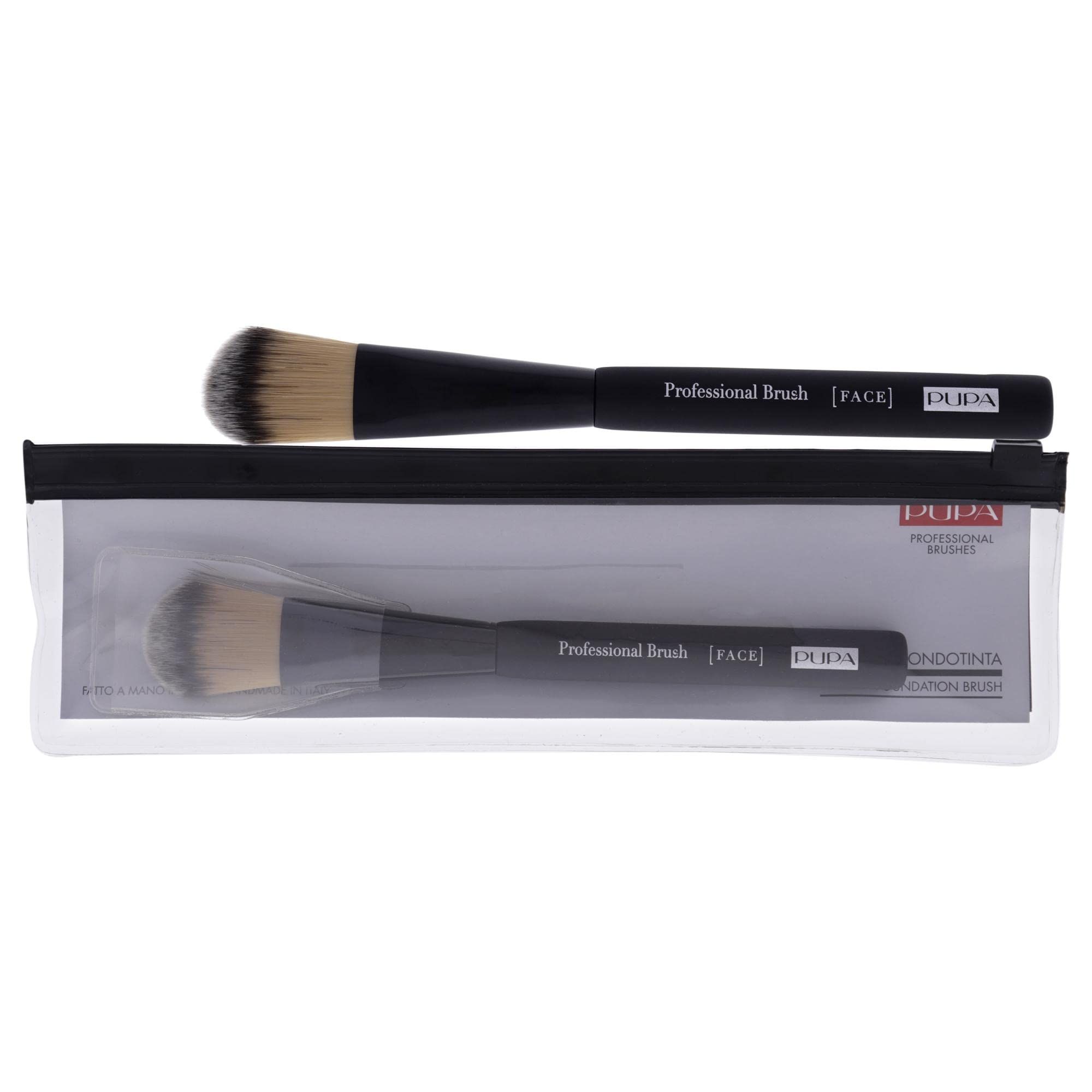Zwei Pinsel in einer transparenten Tasche. Auf der Tasche steht "PUPA Professional Brush [FACE]" und "FOUNDATION BRUSH".