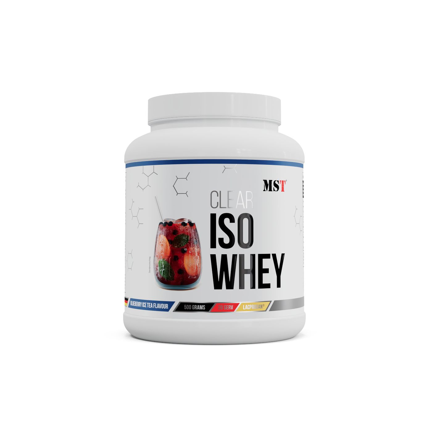 Weiße Dose mit Aufdruck CLEAR ISO WHEY und MST-Logo. Abbildung eines Getränks. Geschmacksangaben.