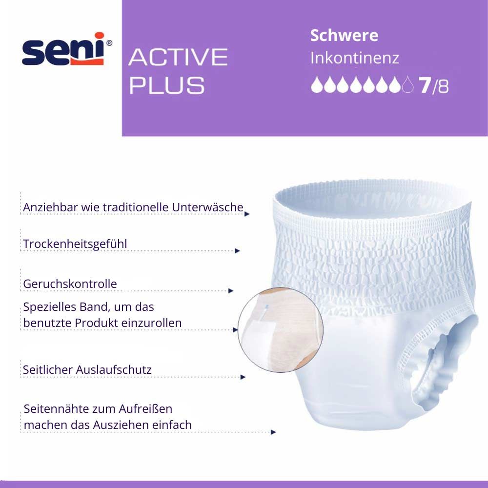 Seni Active Plus Windel. Weiß, mit Produktmerkmalen und Geruchskontrolle. Marke Seni. Für schwere Inkontinenz.