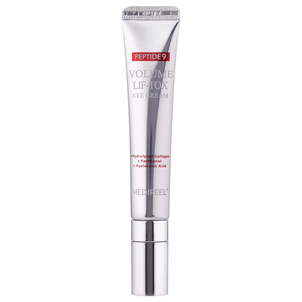 Silberne Tube mit MEDIPEEL Peptide 9 Volume Lif-Tok Augencreme. Enthält Hydrolyzed Collagen, Panthenol und Hyaluronic Acid.