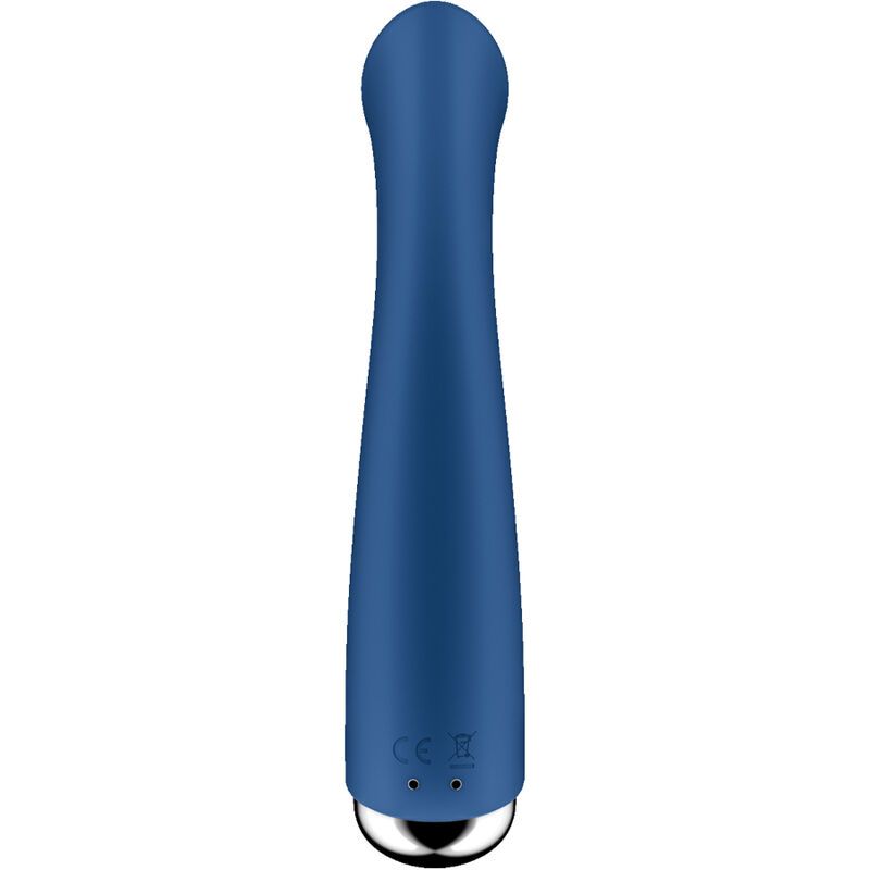 Blauer Vibrator mit silberfarbenem Ende. Zylindrische Form mit abgerundeter Spitze. CE-Zeichen.