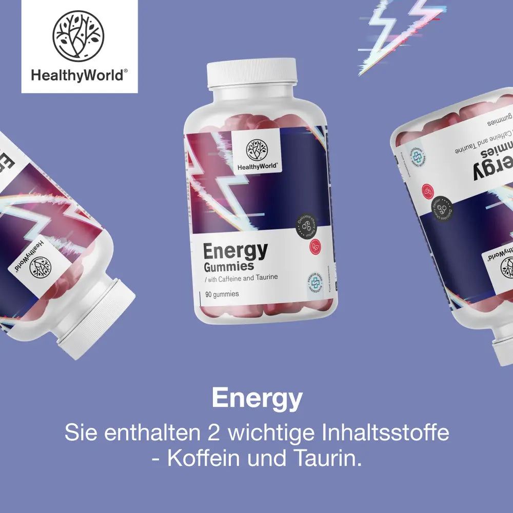 Drei Flaschen Energy Gummis, rot, mit Koffein und Taurin. Blitz-Design.