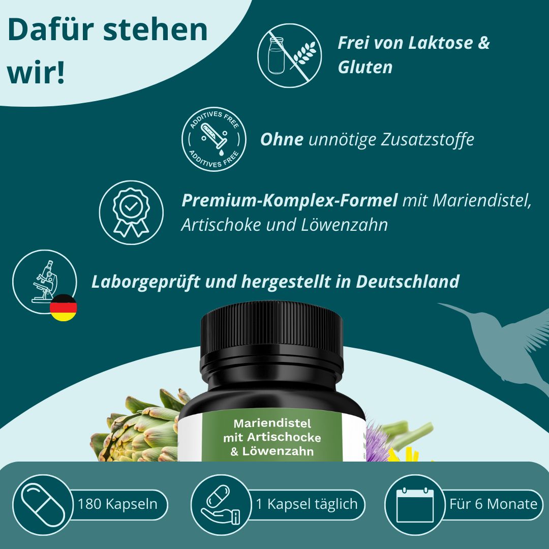 Produktflasche mit Aufschrift: Mariendistel, Artischocke & Löwenzahn. Text: Premium-Komplex-Formel, Laborgeprüft, 180 Kapseln, 1 Kapsel täglich.