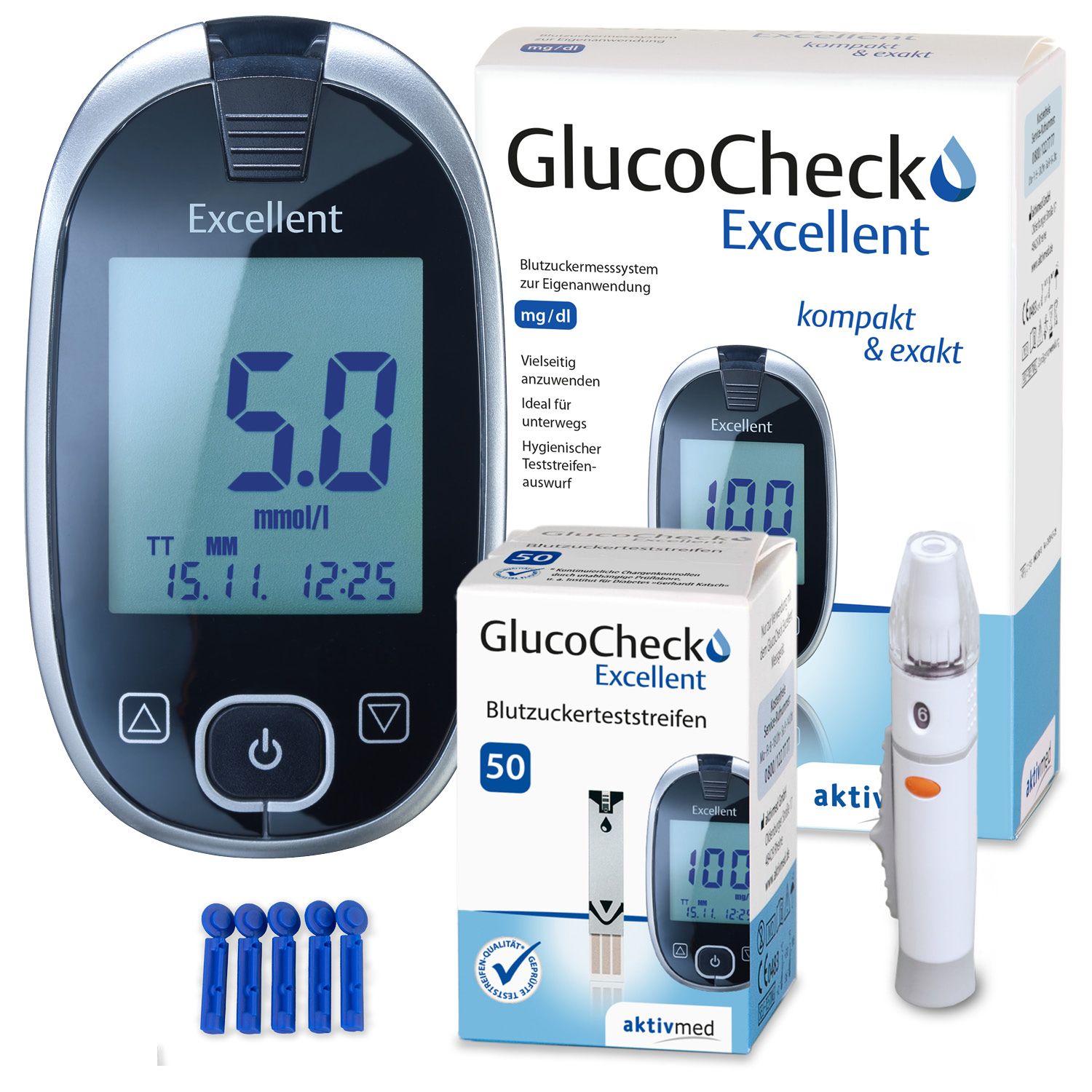 GlucoCheck Excellent Mess-Set (mmol/L) zur Blutzuckerkontrolle mit 60 Streifen